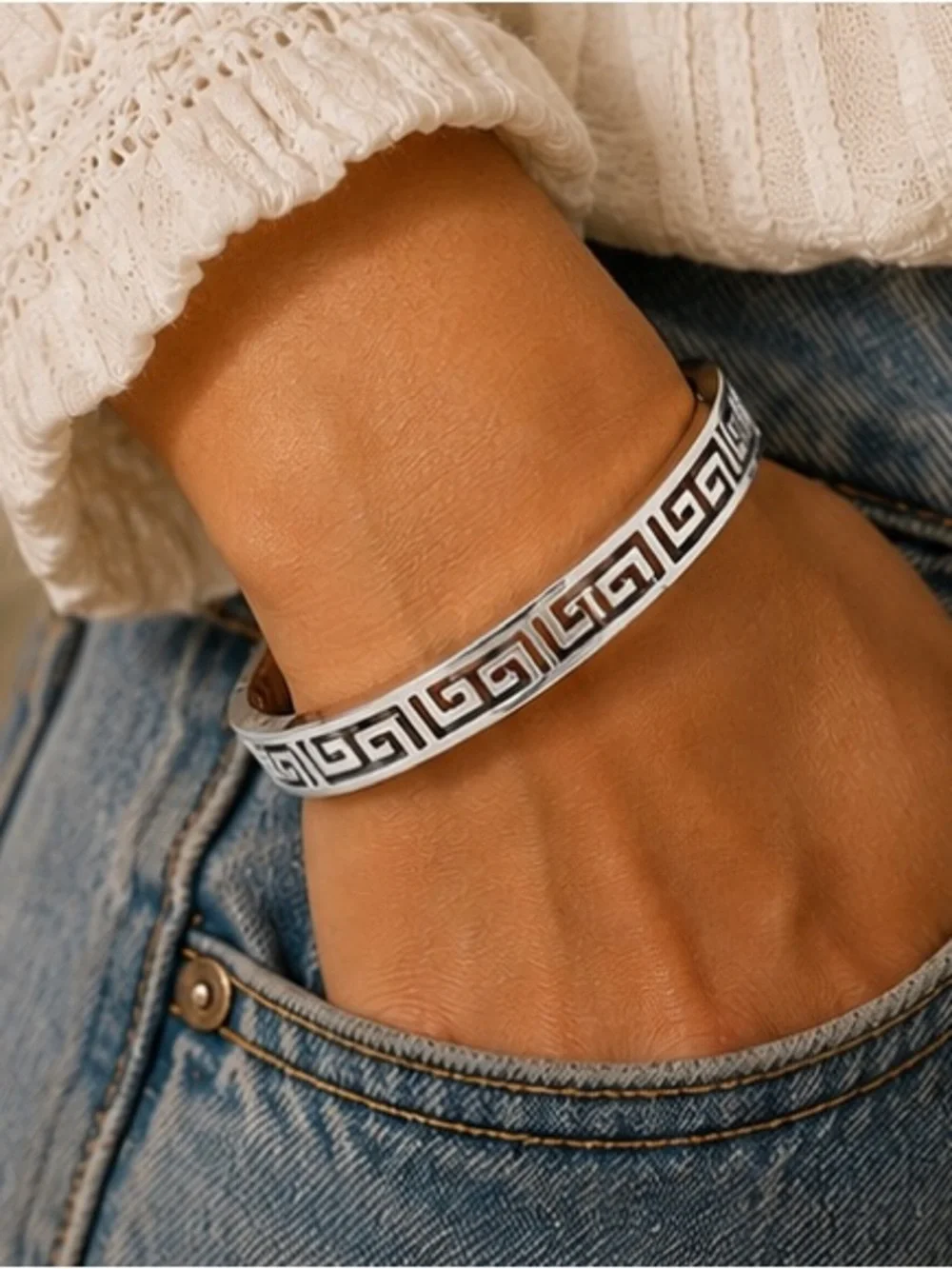 Designer Inspired Greek Key Silver Hinge Bangle | 💦Waterproof